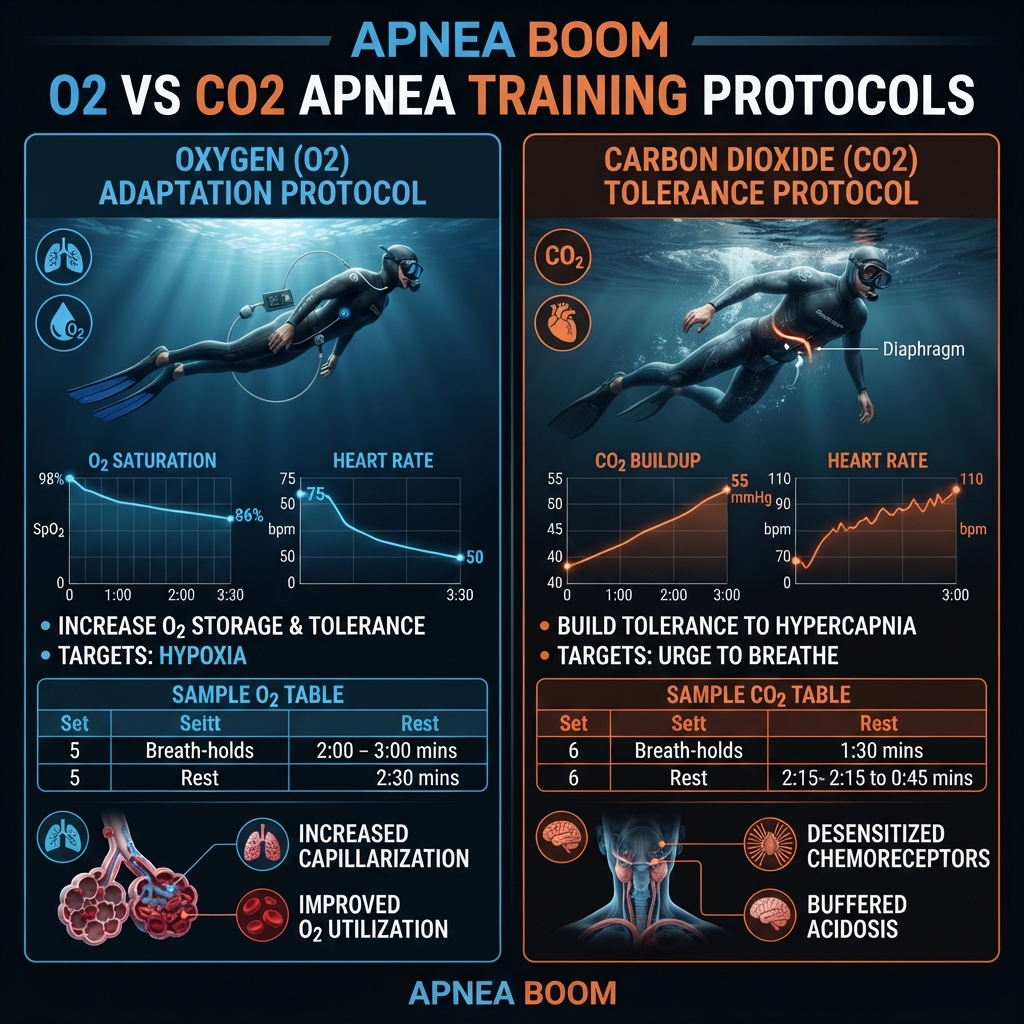 Diagram contrasting O2-style vs CO2-style apnea training protocols