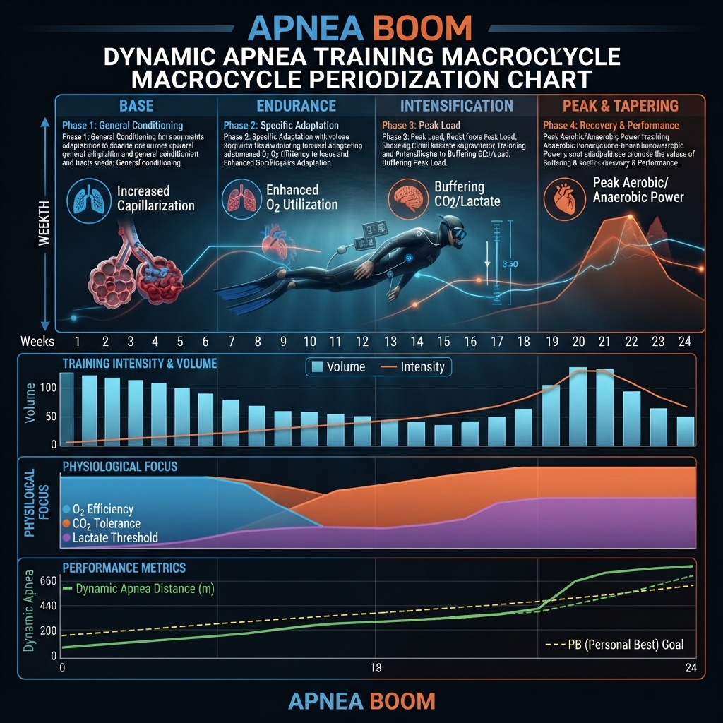Periodization chart showing macrocycle phases for dynamic apnea training
